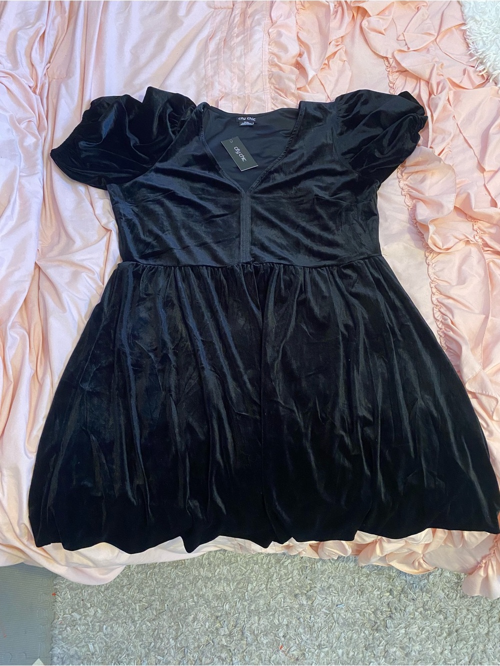 City Chic Black Velvet Puff-Sleeve Dress - Plus Size Dress